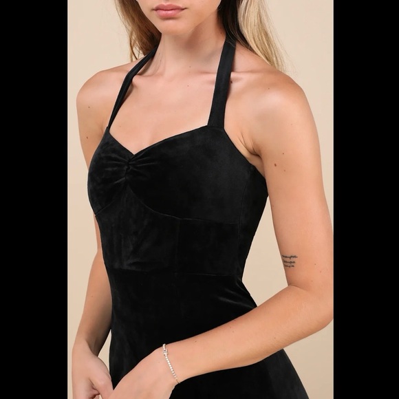 NWT LULUS Luxurious Statement Black Velour Halter Mermaid Maxi Dress - Picture 4 of 4